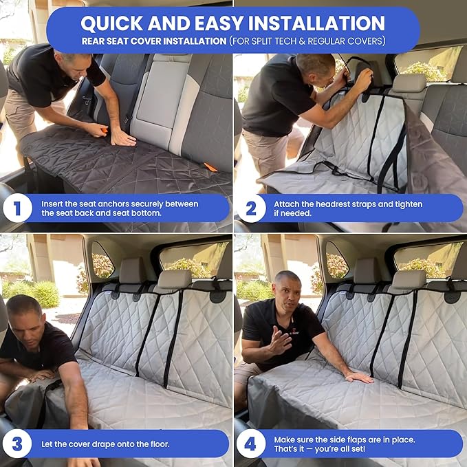 4Knines Back Seat Pet Cover for Dogs w/o Hammock – 54" Wide, Waterproof Car Seat Cover, Non-Slip, Heavy-Duty – Fits Cars, SUVs, Small Trucks – 2 Seat Belt & Latch Access – Back Seat Protector (Black)