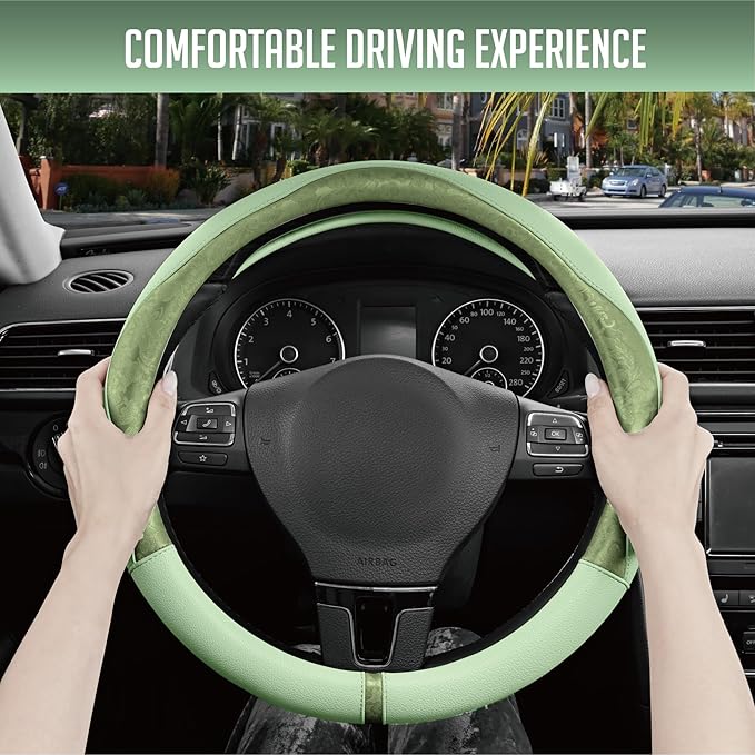 PIC AUTO Steering Wheel Cover, Green Patterned Leather Patchwork Design, Universal Fit 14.5"–15.5", Anti-Slip, Odor-Free, Soft PU Grain Leather, Durable Grip Car Accessory for Girls & Women