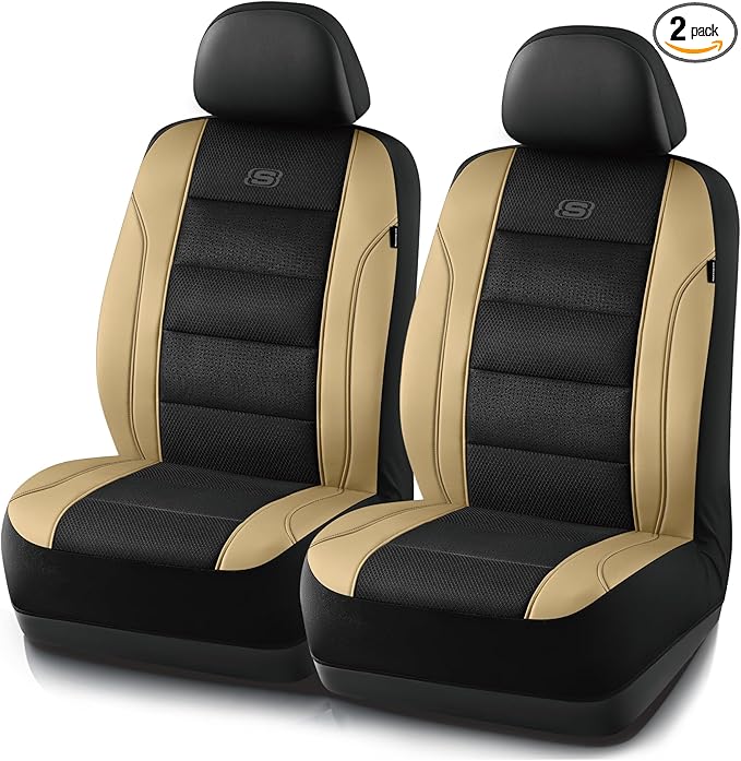 Skechers Men’s Seat Covers, Air-Cooled Memory Foam Car Seat Covers Front Seats, Airbag Compatible,Universal Fit for Most Cars, SUVs, Vans and Trucks,Beige