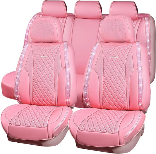 CAR PASS Pink Nappa Leather Car Seat Covers for Full Seats, Bling Diamond Waterproof Seat Protectior Universal Fit Auto SUV Sedan Truck Glitter Sparkly Shining Rhinestone for Women Girl, Pink Leather