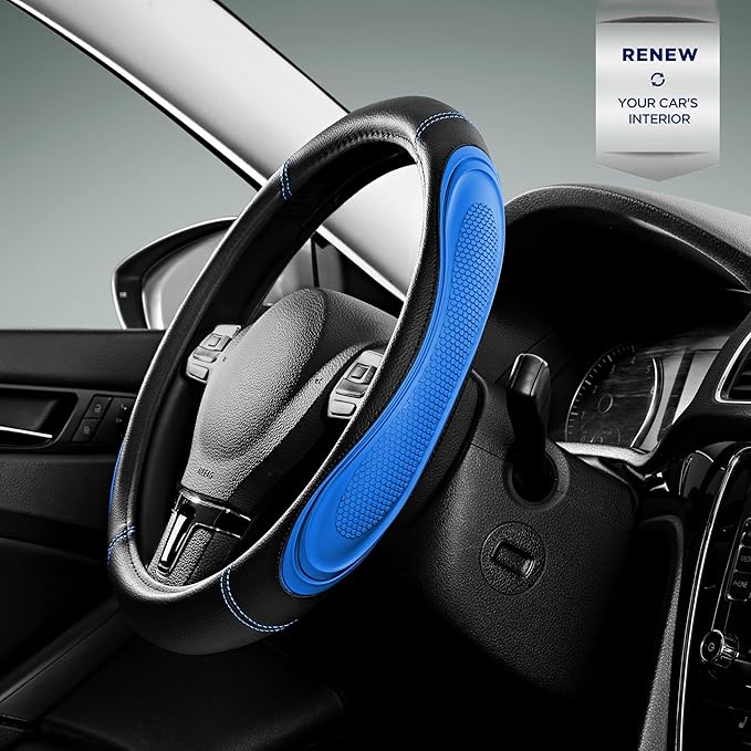 Road Comforts Car Steering Wheel Cover - Microfiber Leather Steering Wheel Wrap Sports 14.5-15 Inch Steering Wheel Cover Non-Slip for Men Women Blue Color