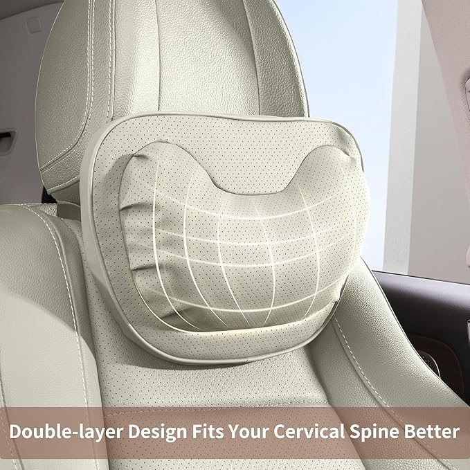 Car Neck Pillow [No More Pressure] Soft Comfortable Premium Leather Headrest with Adjustable Strap – Ergonomic Support for Driving, Office & Gaming, Off White (Beige), 1 Pack