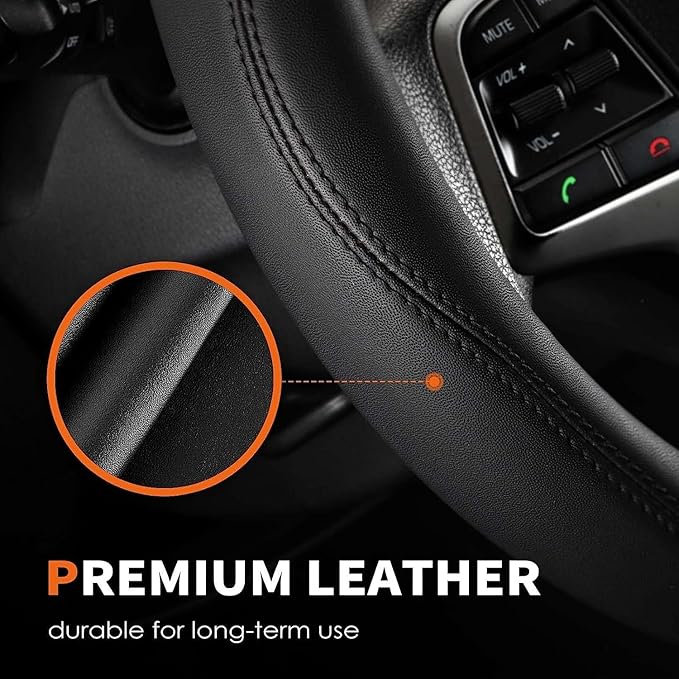 HOTOR Car Steering Wheel Cover - Universal Car Accessory for Diverse Cars, Leather Cover with Anti-Slip Lining, for Steering Wheel with a Diameter of 14.5"-15",Black