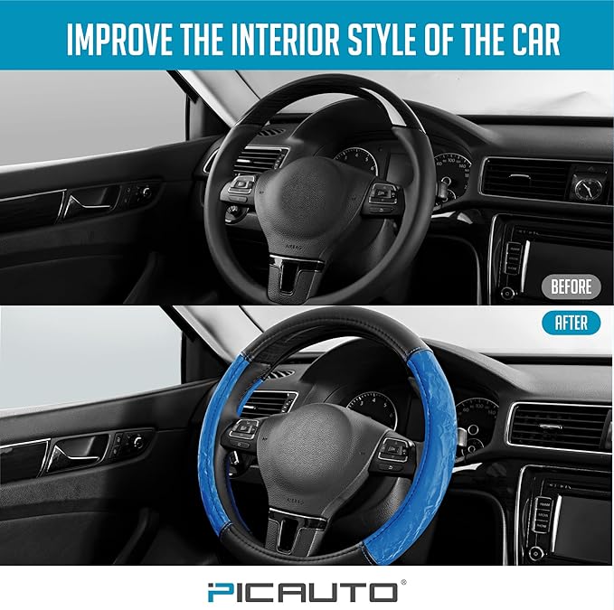 PIC AUTO Steering Wheel Cover, Silk Grain Leather Car Steering Wheel Protector, Comfortable Grip, Universal 14.5-15.5 Inch Anti-Slip Steering Wheels Accessories for Men & Women (Blue)