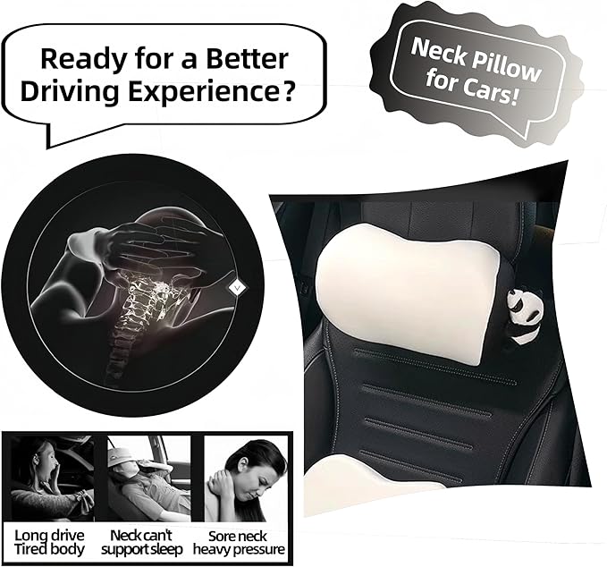 Car Headrest Pillow 2PCS Cute Car Seat Neck Pillow Car Decor Accessories Memory Foam Neck Support Cushions for Comfortable Driving Easy Install & Washable (Panda Black)