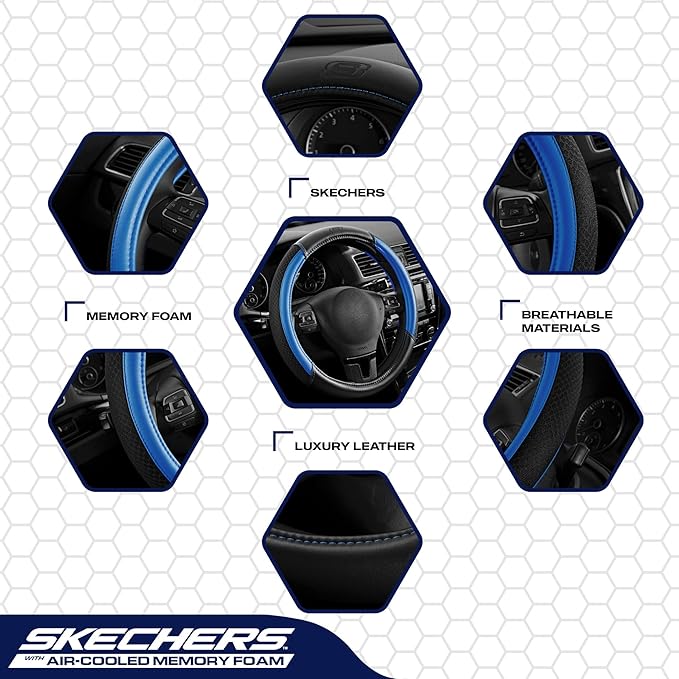 Skechers Air-Cooled Steering Wheel Cover,Air Cool Mesh Leather Car Steering Wheel Cover Universal Fit 14" 1/2-15" Car Wheel Protector for Men Women Fit Suvs,Vans,Sedans,Car,Trucks,Blue