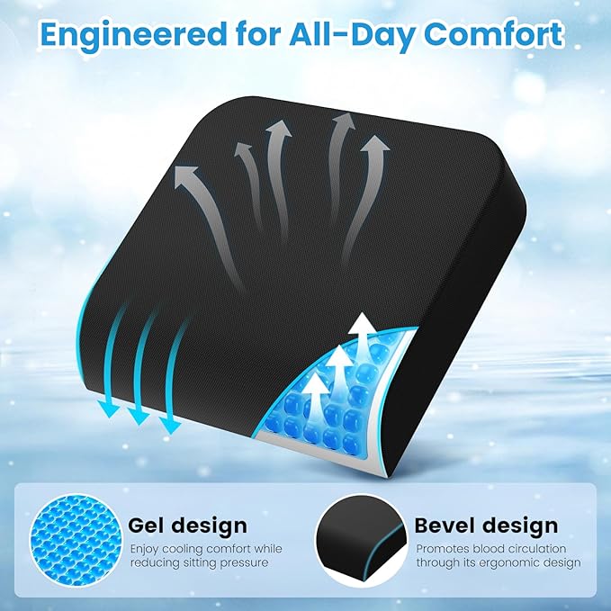 Wheelchair Seat Cushion - Cooling Gel & Memory Foam Office Chair Cushion with Non-Slip Bottom & Washable Cover, Ergonomic Car Seat Pillow for Sciatica, Tailbone, Back Comfort (Black)