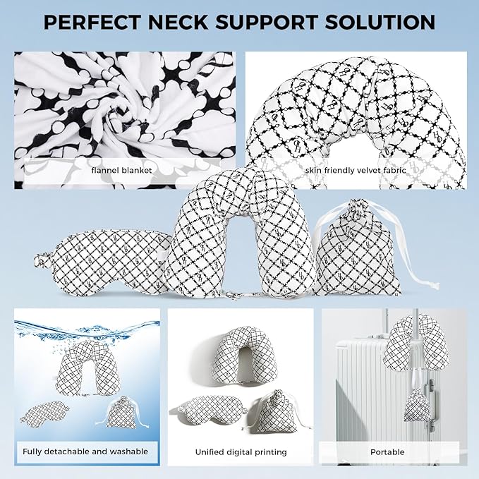 Travel Pillow with Detachable Flannel Blanket & Eye Mask – Plush Velvet Neck Support Pillow for Airplane,Car,Office Rest,Coordinated Digital Print Set (Black Circular Grid, 60in * 79in)