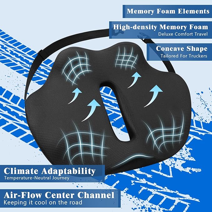 X-Large Seat Cushion for Truck Driver, Upgraded Cushion for Back Support and Pain Relief, Memory Foam with Non-Slip Washable Cover, Relieves Long-Term Truck Sitting and Pain Black
