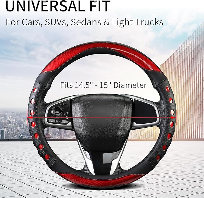 PU Leather Car Steering Wheel Cover with Anti-Slip Grip, for Women and Men, Universal Fit for 14.5-15 Inch Cars, Trucks, SUVs (Red (Round), Medium(Standard) Size[14 1/2''-15''])