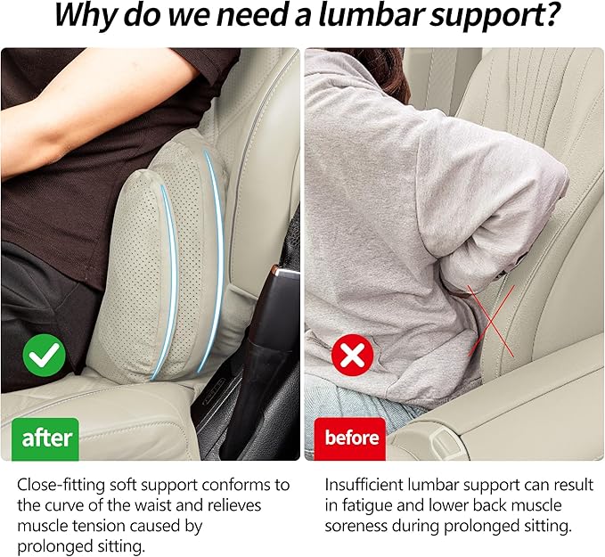 Car Lumbar Support Pillow, Suede Car Seat Back Support Pillow for Driving Lower Back Support Cushion for Pain Relief, Universal for Cars SUVs Sedan Home Office (Beige)