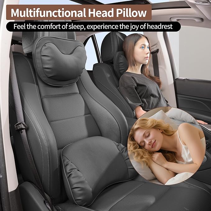 Car Neck Pillow [No More Pressure] Soft Comfortable Premium Leather Headrest with Adjustable Strap – Ergonomic Support for Driving, Office & Gaming, Black, 2 Pack