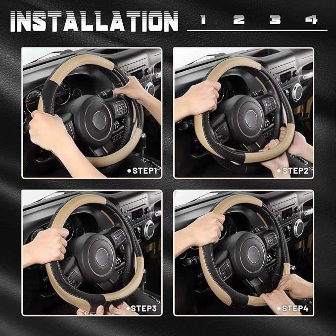 SEG Direct Car Steering Wheel Cover for F-150 Tundra Range Rover 15.5-16 inch, Black and Beige Microfiber Leather