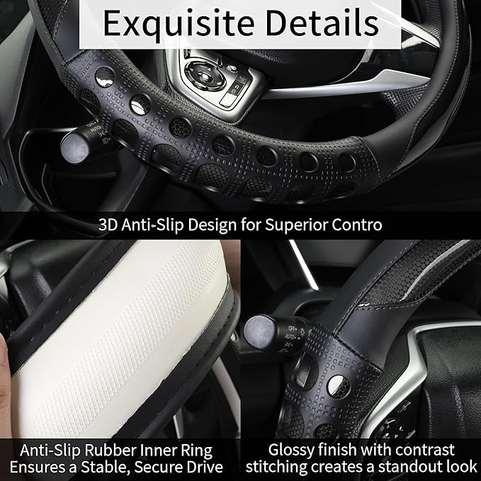 PU Leather Car Steering Wheel Cover with Anti-Slip Grip, for Women and Men, Universal Fit for 14.5-15 Inch Cars, Trucks, SUVs (Black (Round), Medium(Standard) Size[14 1/2''-15''])