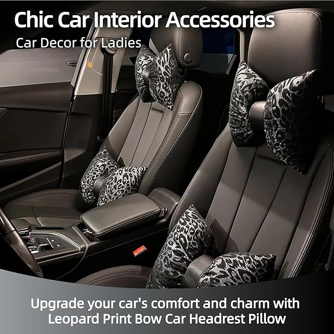 Car Headrest Pillow with Leopard Print Chic Car Interior Breathable Neck Support Cushions Fits for Most Cars (Black Pillow)