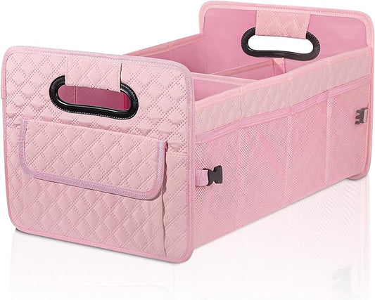 JiatuA Car Trunk Organizer for SUV, Car Storage Organizer Collapsible Multi Compartment Container Box, Adjustable Car Accessories for Women/Men, Pink