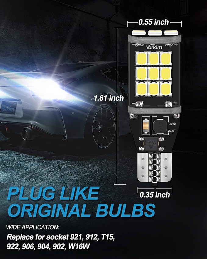 Yorkim 921 LED Bulb 6000K White 921 led reverse lights Bright 21-SMD 2835 Chips Error Free T15 led Backup Light Bulbs 906 904 902 W16W 912 lights for car, Pack of 2
