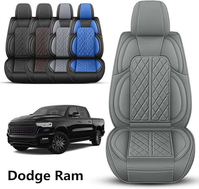 Car Seat Cover Custom Fit for Dodge Ram 1500 2500 3500 2002-2026 Faux Leather Seat Cover Set Compatible with Crew Quad Regular Cab Pickup Truck Cushions (Grey, Front Seat)