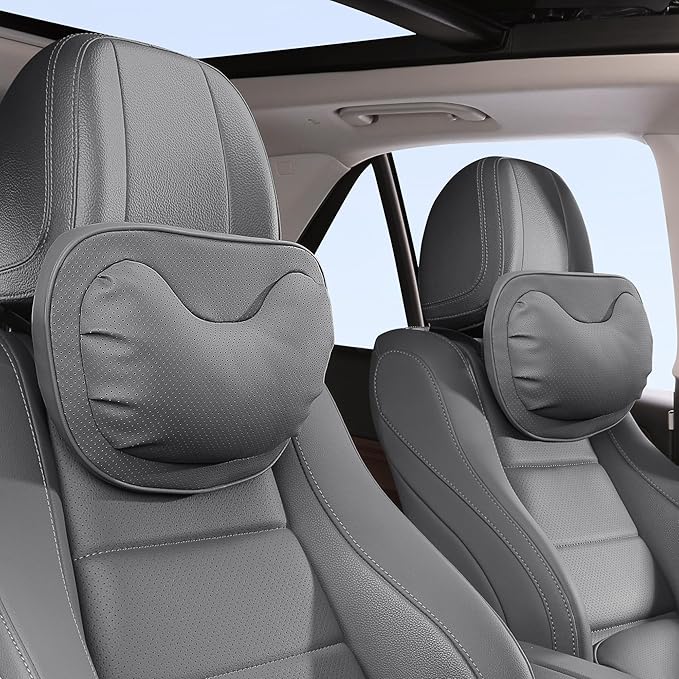 Car Neck Pillow [No More Pressure] Soft Comfortable Premium Leather Headrest with Adjustable Strap – Ergonomic Support for Driving, Office & Gaming, Gray, 2 Pack