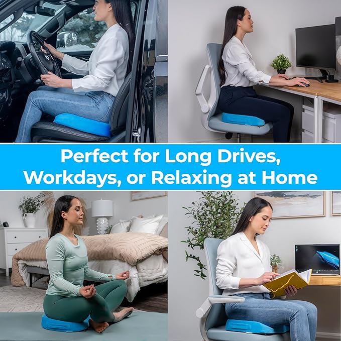 LuminaRest® Gel Seat Cushion for Long Sitting – Premium CertiPUR-US® Certified Memory Foam, Ergonomic Office Chair Cushion for Tailbone and Coccyx Pain Relief, Sciatica & Back Support – (Blue)