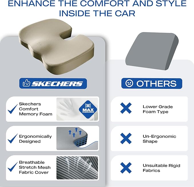 Skechers Memory Foam Seat Cushion,Office Chair Cushion for Tailbone Pain Relief,Butt Pillow for Office Chair,Car seat Cushion,Computer Desk,Long Sitting Office Workers,and Car Drivers,Beige