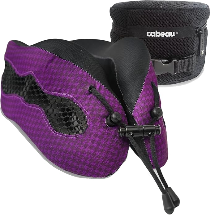 Cabeau Long Haul Flight Cooling Travel Neck Pillow – Evolution Cool – Supportive Memory Foam with Airflow Vents – Compact with Carrying Case (Purple)