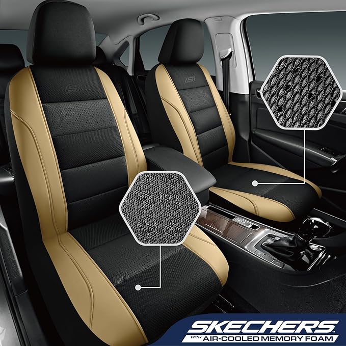 Skechers Men’s Seat Covers, Air-Cooled Memory Foam Car Seat Covers Front Seats, Airbag Compatible,Universal Fit for Most Cars, SUVs, Vans and Trucks,Beige