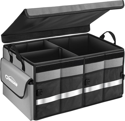 Oasser Car Trunk Organizer Collapsible Multi Compartments SUV Trunk Organizer with Reflective Strip Foldable Cover (Standard, Grey)