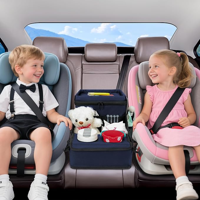Car Seat Organizer, Backseat Car Organizer with Cup Holder Tray and Storages for Kids and Adults, Portable Travel Cooler for Car for Front or Back Seat Passenger Organizer Ccompartment (Navy Blue)