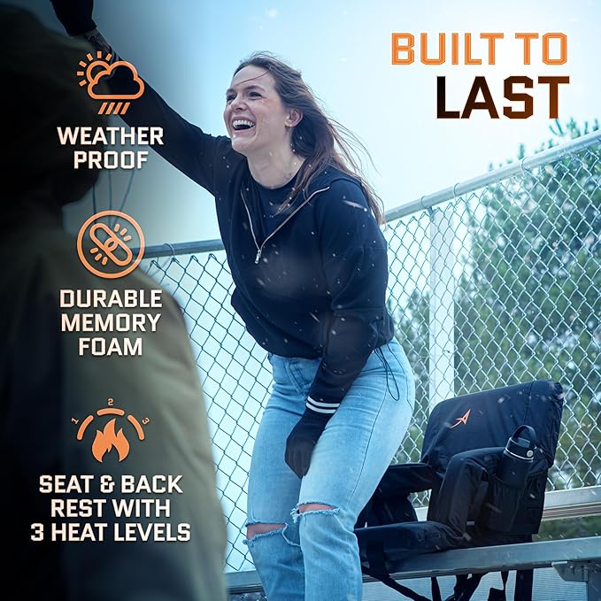 ACELETIQS Heated Stadium Seats for Bleachers with Back Support - Upgraded Model and Extra Heat - Upgraded 3 Levels of Heat - Foldable Chair - Cushioned, 4 Pockets (20" Double Heated)