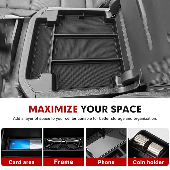 Autorder Center Console Organizer for 2021-2026 Chevy Chevrolet Tahoe/Suburban/GMC Yukon Accessories Armrest Storage Box Secondary Insert Tray with Anti-Slip Mat(Only for Power-Sliding Console)
