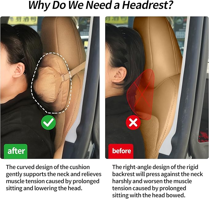 2 Pack Car Neck Pillow, uede Car Headrest Pillow for Neck Support with Adjustable Strap, Universal Fit Cars SUVs Sedan Home Office (Palomino Brown)
