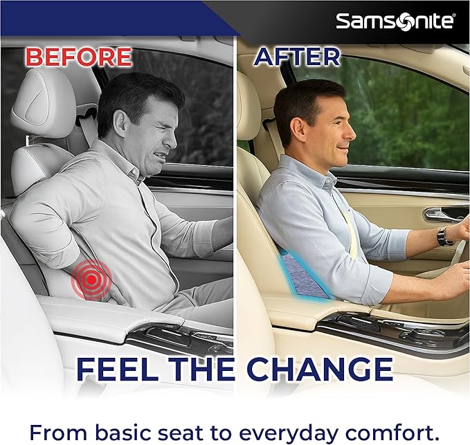 Samsonite Ergonomic Lumbar Support Pillow for Office Chair and Car Seat - Memory Foam Back Support Lumbar Pillow Premium Cushion Chair Support for Lower Back Pain Relief and Versatile Use (Gray-Blue)