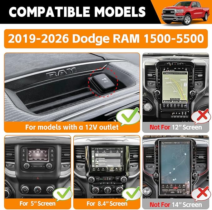 5" 8.4" Screen Dashboard Phone Holder Compatible with 2019-2026 Ram 1500 2500 3500 w/12V Outlet Part Center Console Organizer Dash Tray Phone Mount for 2025 RAM Accessories(DodgeRam 2019-2026)