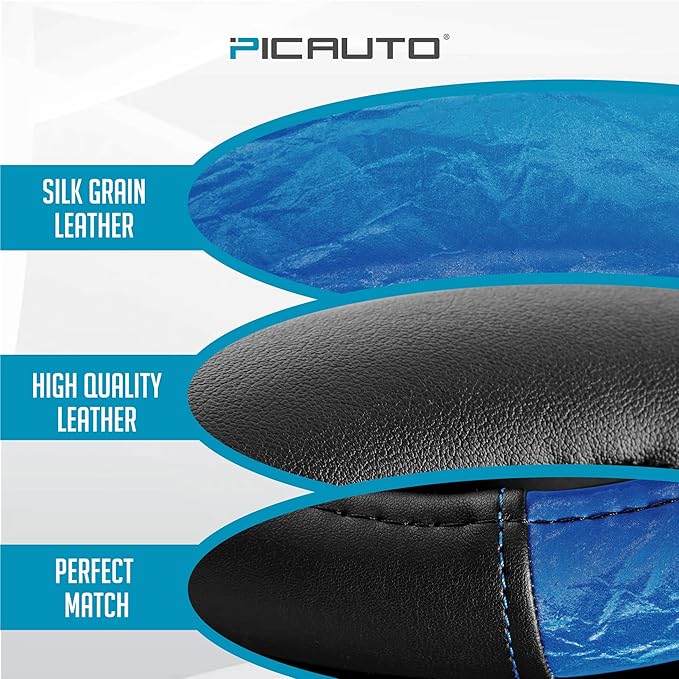 PIC AUTO Steering Wheel Cover, Silk Grain Leather Car Steering Wheel Protector, Comfortable Grip, Universal 14.5-15.5 Inch Anti-Slip Steering Wheels Accessories for Men & Women (Blue)