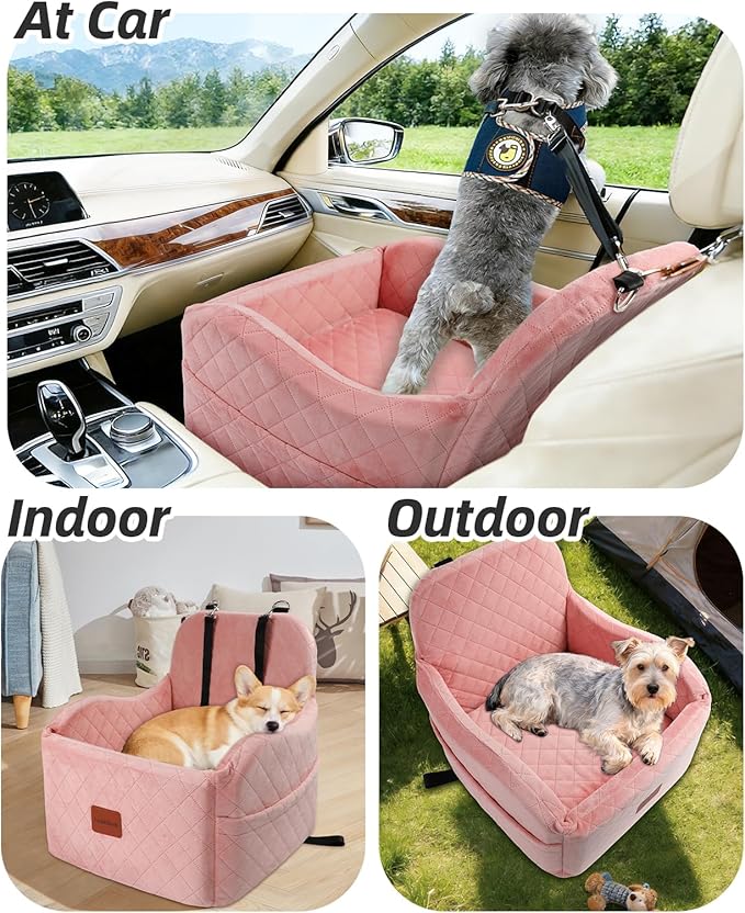 Dog Booster Car Seat for Small/Medium Dogs,Soft Puppy Portable Car Seat with Elevated Cushion,Fits in Front/Back Seat,Fully Detachable and Washable,Easy to Install (Pink, Medium)