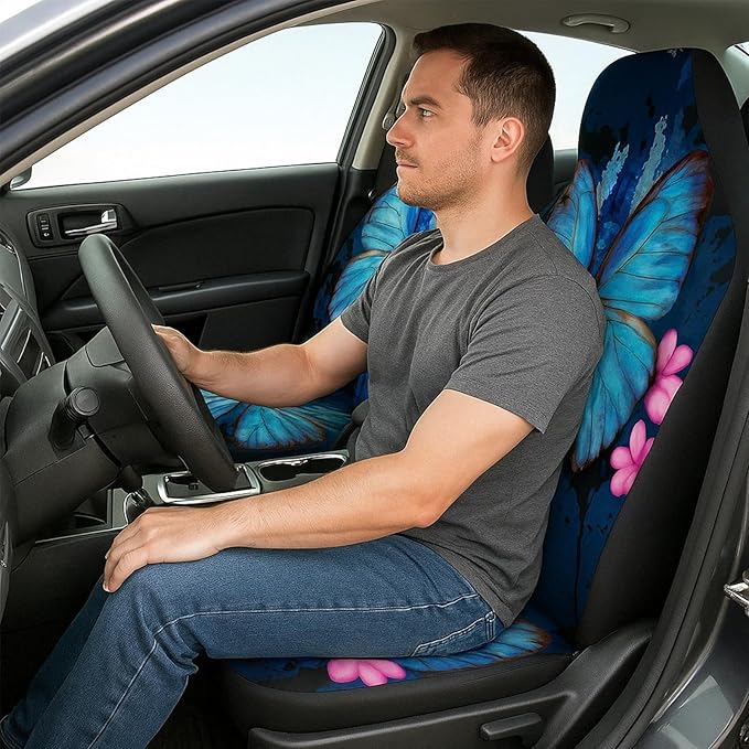 2 Pcs Premium Blue Butterflies Car Seat Cover, Breathable & Washable Car Seat Covers Full Sets, Fashionable Printed Seat Covers for Cars Interior, Universal Fit for Most Cars, Sedan, Truck, SUV