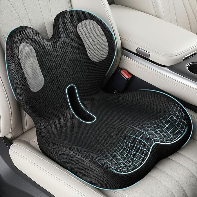 Trucker Seat Cushion, Car Seat Cushions with Lumbar Support Pillow, Ergonomic L-Shaped One Piece Memory Foam Pad for Long Driving Back Pain Sciatica Relief, Drivers Office Workers (Black+Mesh Cloth)