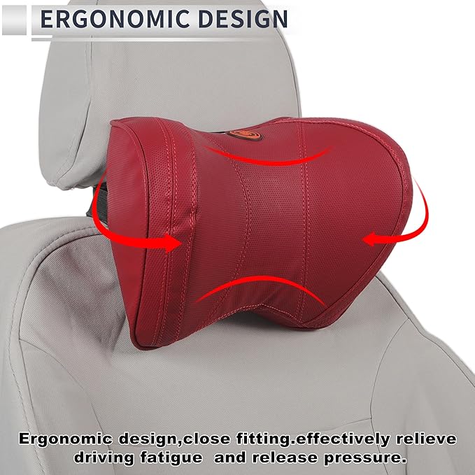 Car Headrest Pillow Ergonomic Comfortable Neck Support Pillow Nappa Leather and Memory Foam Adjustable Width Red 1 Pcs for Driving Travel