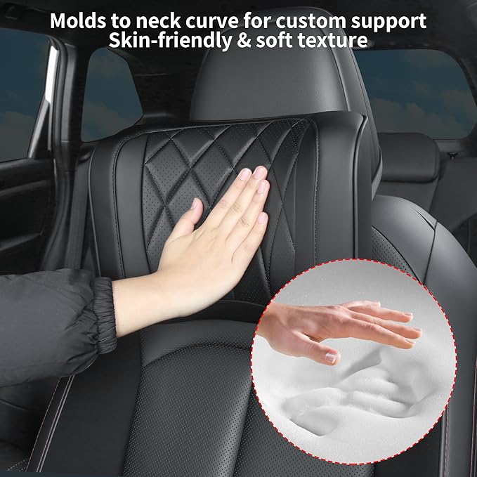 Car Headrest Pillow U-Shaped, Memory Foam Head Neck Support Cushion for Driving, Leather Head Rest Travel Pillows for Sleeping, Breathable Removable Cover, Black, 2 Pack