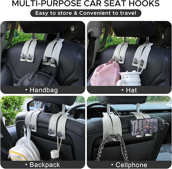 2PCS Leather Car Seat Hooks for Headrest, Vehicle Hanger Storage Organizer Universal for Handbag Purse, Car Accessories Gift (White-Black)