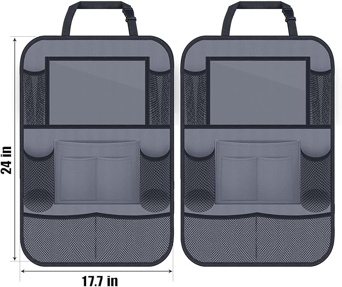Car Backseat Organizer with 11" Table Holder, 10 Storage Pockets Seat Back Protectors Kick Mats for Kids Toddlers, Travel Accessories, 2 Pack, Gray