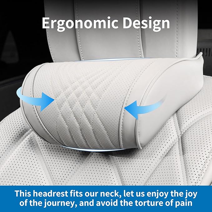 Car Headrest Memory Foam Neck Pillow for Driving with Leather Cover Soft Comfortable Seat Head Pillow Cushion for Most Cars SUV Sedan Home Office Off-White (Beige) (1PC)