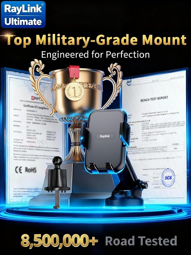 RayLink【122+LBS Strongest Suction & Military-Grade Ultimate Car Phone Holder【Patent & Safety Certs】 Cell Phone Mount Truck Stand for Dashboard Windshield Vent for iPhone 17 Pro Max 16 15 Samsung