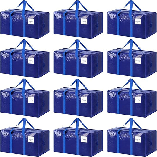 12 Pack Extra Heavy Duty Large Moving Bags with Strong Zipper & Comfortable Handles, Sturdy & Durable Clothes Storage Bags Totes Bins, Packing Moving Boxes for College Supplies, Blue