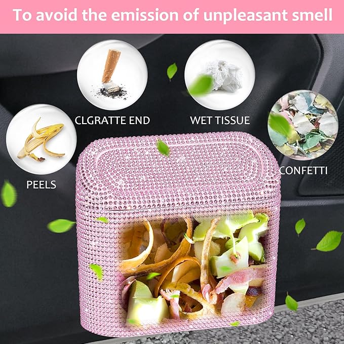 Accmor Bling Car Trash Can with Lid, Leak-Proof Mini Vehicle Trash Bin Automotive Dustbin Organizer Storage, Sparkling Crystal Trash Bag Container with 30pcs Garbage Bags for Car, Home, Office (Pink)