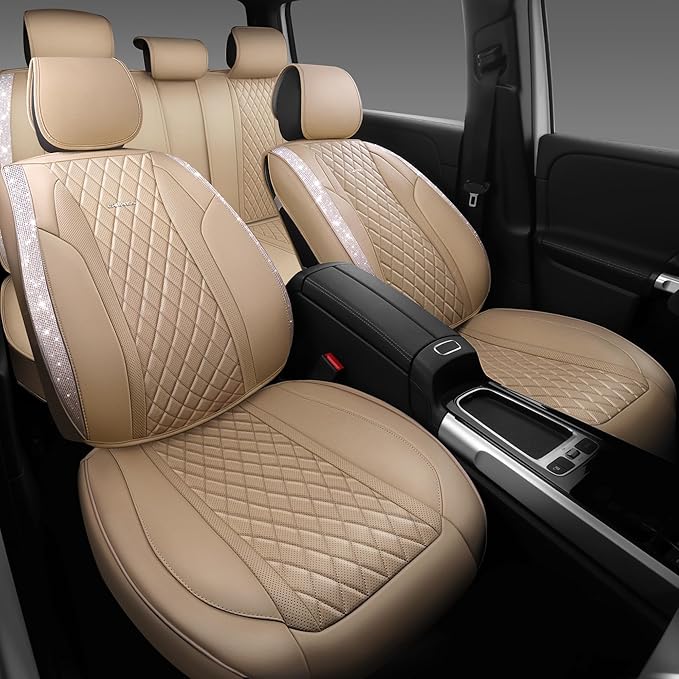 CAR PASS Beige Leather Bling Car Seat Covers Full Set, Luxury Microfiber Nappa PU Cushioned, Waterproof Anti-Slip Universal Fit for Auto SUV Sedan Sparkly Glitter Shining Rhinestone, Beige Diamond