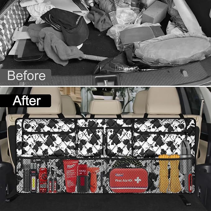Femuar Car Trunk Organizer,Large Capacity Backseat Trunk Organizer(42"*18"),Collapsible Car Storage Bag with 8 Pocekt,SUV/MPV/Truck - Cow print