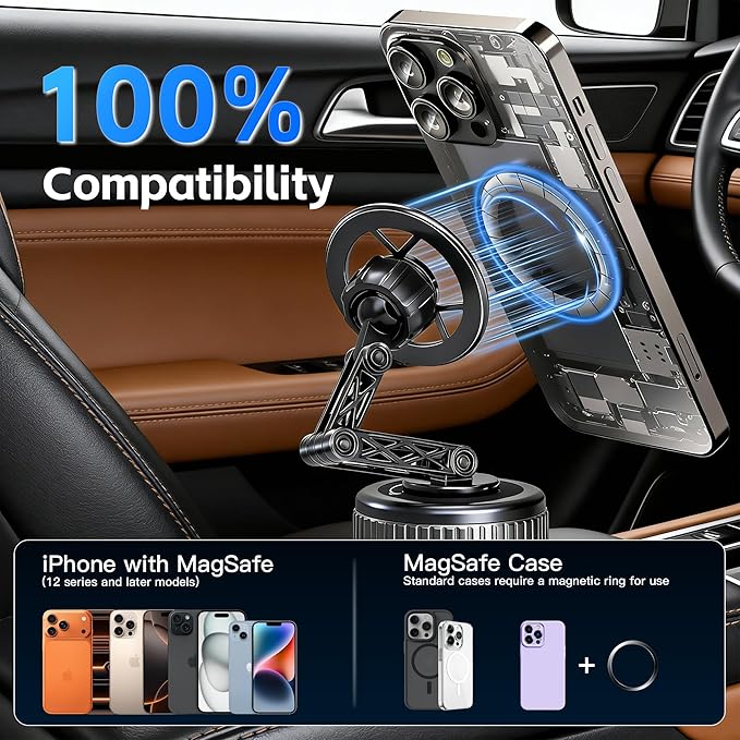 Car Phone Holder [120+LBS Strongest Suction & 2800gf Magnetic] , 360° Adjustable Magsafe Car Mount, Car Phone Mount for Cars/Gyms/Mirrors/Shower Stalls, Compatible with iPhone and Android Devices (6)