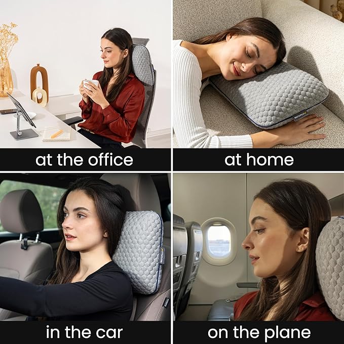 Memory Foam Travel Pillow with Washable Cover & Carry Bag – Compact, Soft & Breathable Neck Pillow for Airplane, Camping & Car (Gray- Without Spare Cover, 15.7x9.8x3.9 inches)